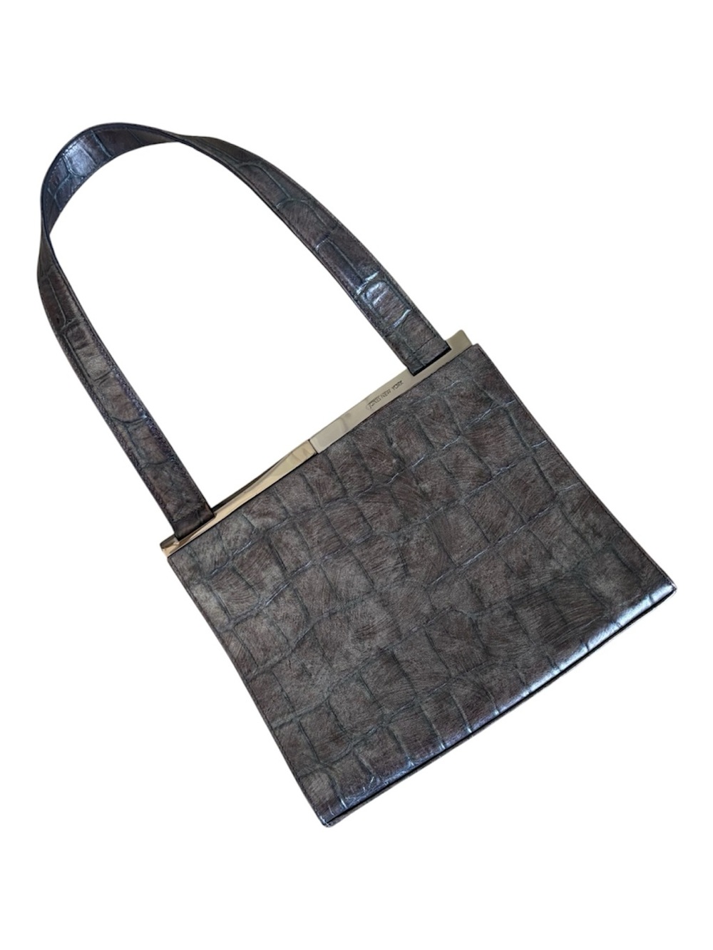 Vintage Jones New York 90s Croc Embossed Leather Top Frame Shoulder Bag Black